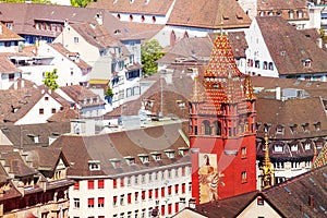 Basel cityscape with City Hall tower, Switzerland