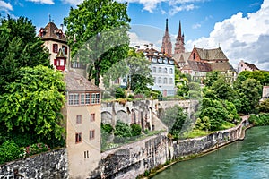 Basel cityscape with colourful old town skyline including the munster cathedral and river in Basel Switzerland