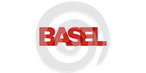 Basel in the Switzerland emblem. The design features a geometric style, vector illustration with bold typography in a modern font