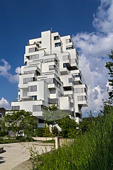 Basel, Switzerland - 09. May 2022: The contemporary architecture house Stoll Turm with its cubic characterics