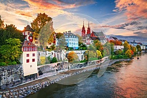 Basel, Switzerland on the Rhine River at Dusk in Autumn