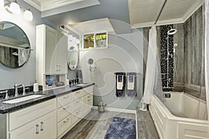 Basement bathroom interior in gray and white tones