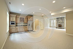 Basement with fireplace and bar