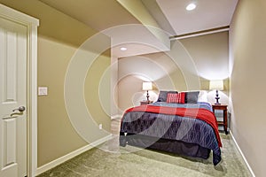 Basement guest bedroom with blue and red bed