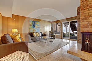 Basement living room with fireplace and walkout patio