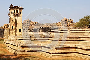 Basement of Queen\'s Palace and Watchtower, Lotus Mahal, Hampi, near Hospete, Karnataka, India