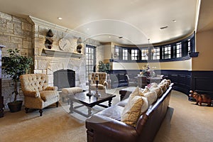 Basement with stone fireplace