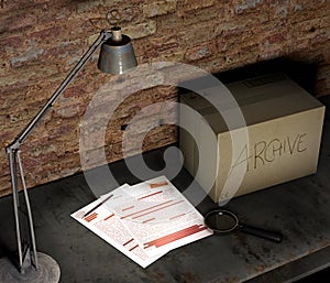 Basement table with box and top secret file. Table lamp, magnifying glass and pencil. Important sheets and documents