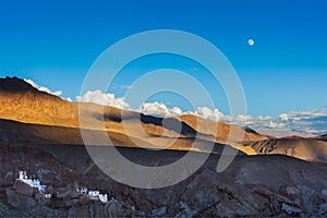 Basgo monastery and moonrise sunset in Himalayas. Ladakh, India