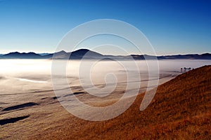 Bashang grassland in autumn, morning mist