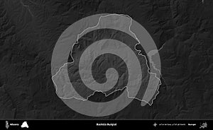 Bashkia Bulqize highlighted, Albania. Grayscale