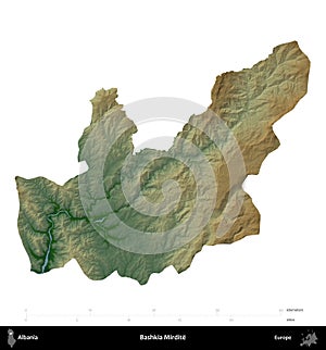 Bashkia Mirdite, Albania, isolated on white. Physical