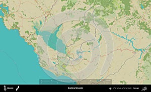 Bashkia Shkoder outlined, Albania. Topographic Humanitarian