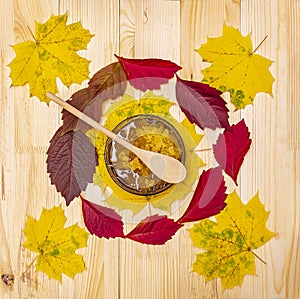 Bashkir honey on wooden table decorated with autumn leaves served in a bowl with a wooden spoon