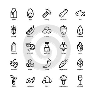 25 basic allergens and diet line icons set photo