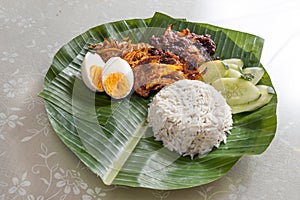 Basic authentic simple nasi lemak on banana leaf with sambal, anchovis and eggs photo