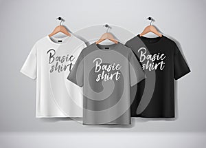 Basic Black, gray and white short sleeve T-Shirts Mock-up clothes hanging