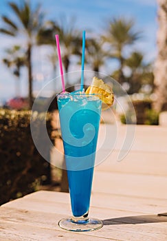 Basic blue cocktail, a mix of blue curaÃ§ao with a clear spirit such as vodka