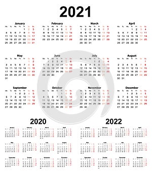 Basic calendar for year 2021 and 2020, 2022. Week starts on Monday