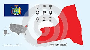 Map of The United States with the Selected State of New York And New York Flag with Locator Collection