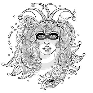 Vector girl face in outline clown cap, mask, peacock feathers, ornate collar and beads in black isolated on white background.