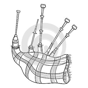 Vector outline Scottish folk musical instrument bagpipe or set of pipes in black isolated on white background. photo