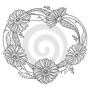 Vector round wreath with outline Gerbera or Gerber flower and leaf in black isolated on white background. Bunch of Gerbera.