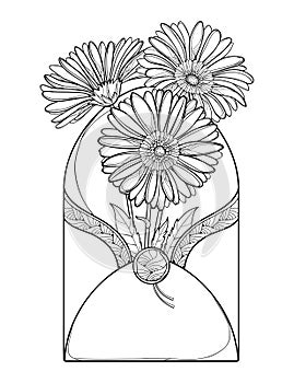 Vector bouquet of outline Gerbera or Gerber flower and leaf in open craft envelope in black isolated on white background.