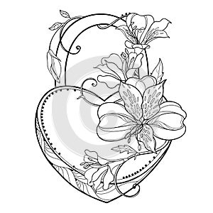 Vector padlock heart with outline tropical bunch Alstroemeria or Peruvian lily flower and leaf in black isolated on white.