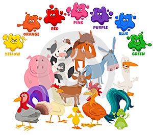 Basic colors for children with farm animal characters group