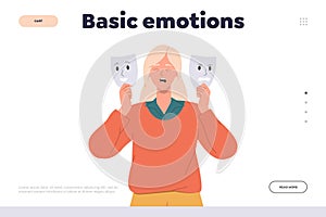 Basic emotion landing page design template with sad cartoon woman character hiding feelings