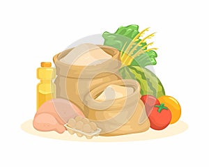 Basic Food Grocery Meat, Fruit And Vegetable Illustration Vector