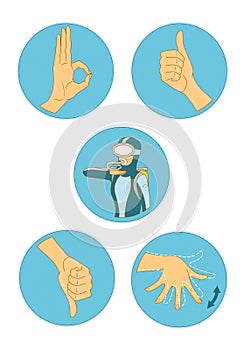 Basic gestures of a scuba diver. Communication during the dive. Commands. Signs with the image of hand gestures in a blue circle