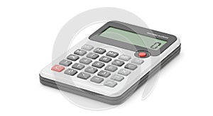 A basic handheld calculator with a rectangular design featuring a white and gray