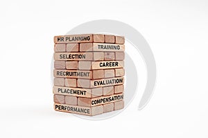 Basic human resources concepts or words written on stacked wooden blocks. Human resources strategy