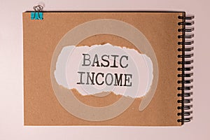 BASIC INCOME text on a notebook on green paper