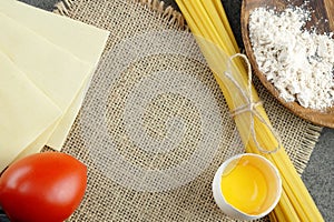 Basic ingredients for cooking Italian pasta.