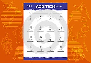 Basic math addition for kids. An educational worksheet for kids. Vector design