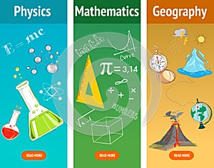 Basic math. Physics subject. Geography science. School subjects. photo