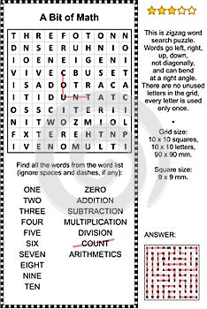 Basic math themed word search puzzle