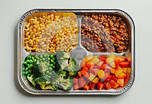 Basic meal with pasta and cooked vegetables on a gray plastic tray, on white background. Unappealing school lunch. Generative AI