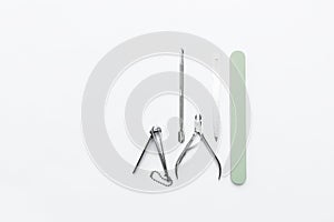 Basic nail tool kit isolate on white background, manicure equipment