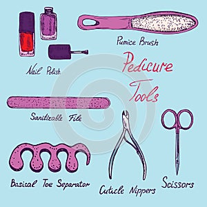 Basic nail tools, pink classical pedicure collection of tools, hand drawn doodle sketch with inscription, isolated vector