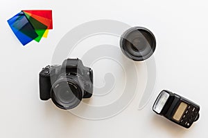 Basic photographic equipment, flash,lens, color gels