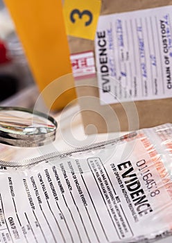 Basic research utensilios with a evidence bag in Laboratorio forensic equipment photo