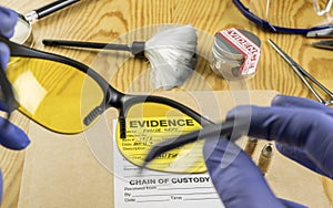 Basic research utensils with a evidence bag in Laboratory forensic equipment