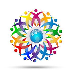 People globe team work logo partnership education celebration group work people diversity icon vector designs on white background