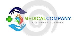 Family medical healthy life cross clinic hands care logo parent kids love, protect symbol icon design vector on white background