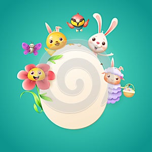 Easter card template - Easter bunny, chicken, flower, sheep bee-eater bird and butterfly celebrate Easter around egg - turqouise b photo