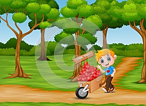 Cartoon boy pushing a pile of hearts in wood trolley on the garden path